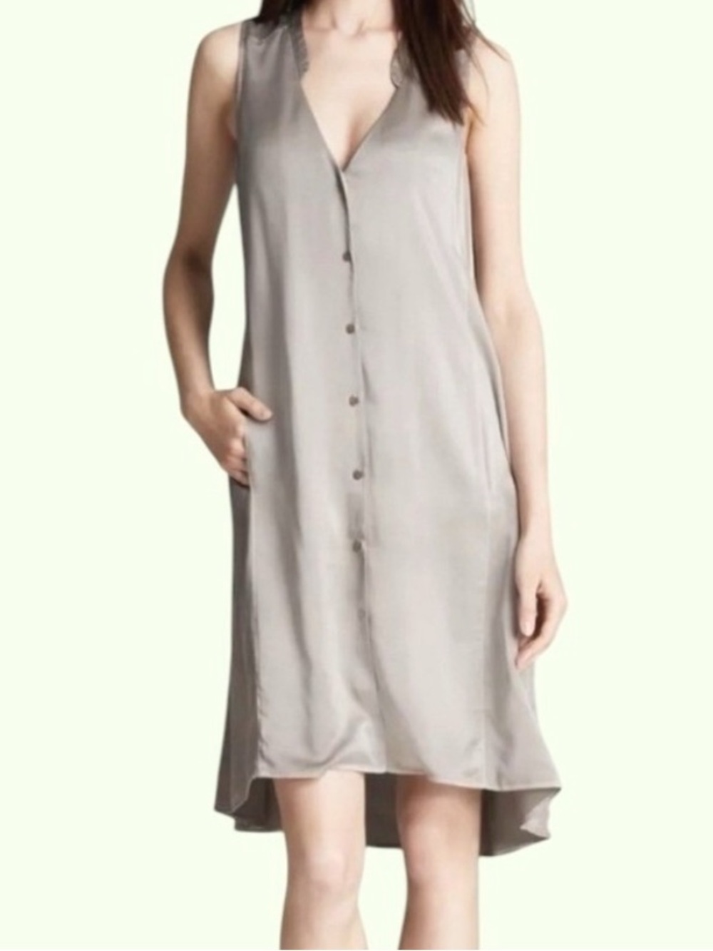Eileen Fisher Mandarin V Neck Dress Stone Gray Sleeveless Button Up Size XS